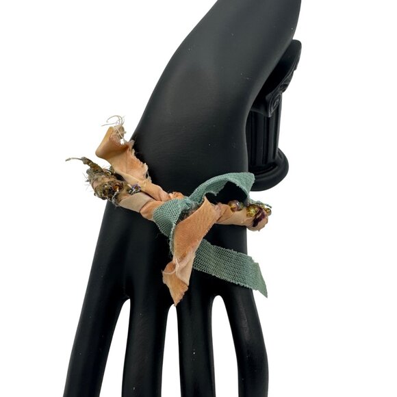 Handcrafted Bohemian Fabric Bracelet With Faux Beads & Frayed Edges - Picture 2 of 4